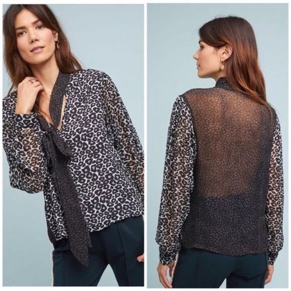 Anthropologie Conditions Apply Marion black sheer Leopard Top size small s - Picture 1 of 13
